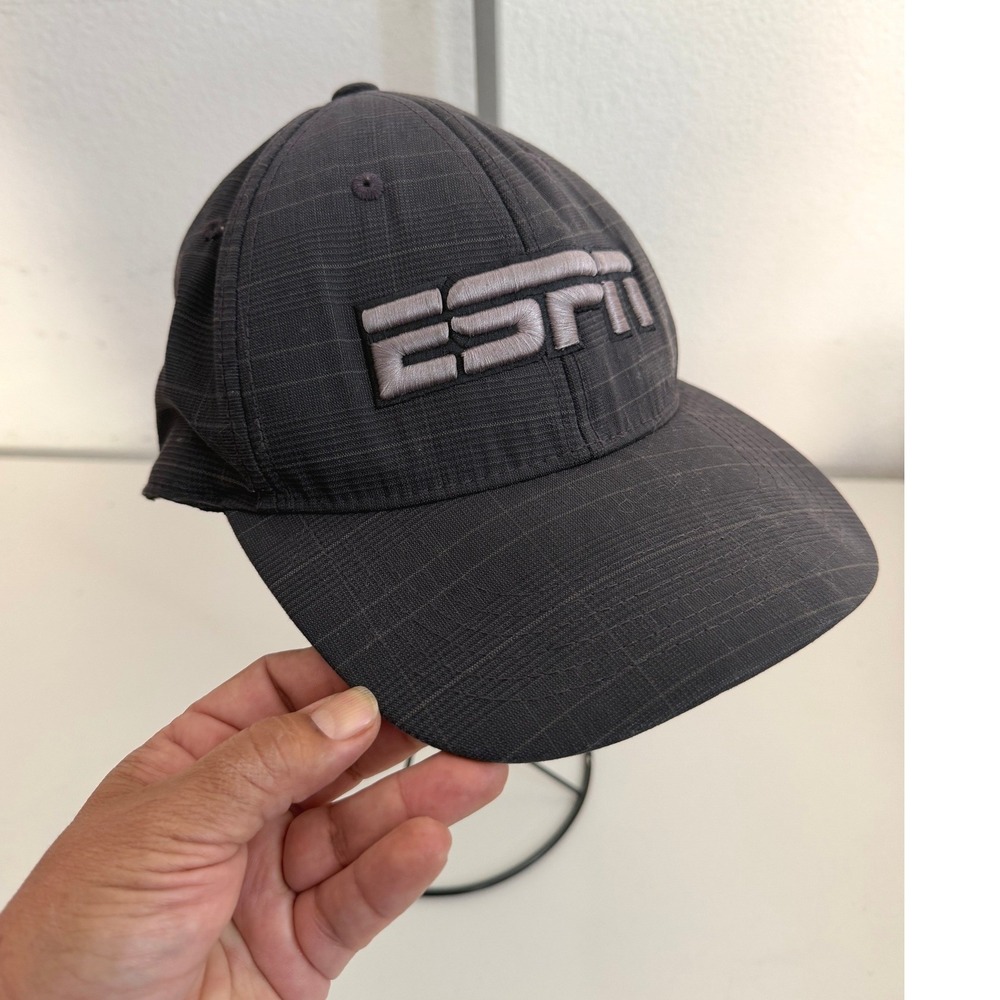 ESPN Top of the World One-Fit Hat Charcoal Black Grid Pattern‎ Stretch Fit Cap